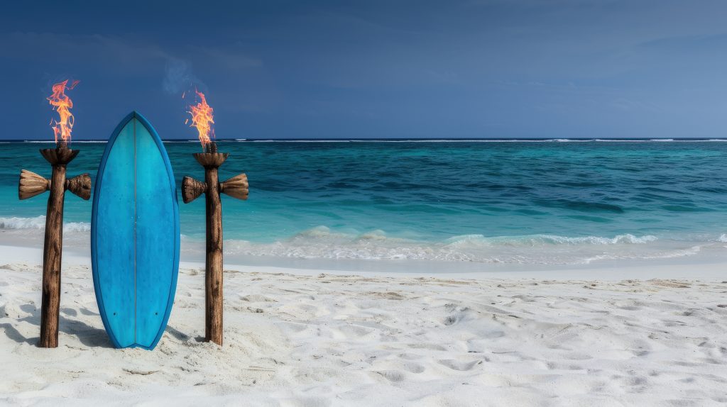 A beach stage setup with tiki torches and surfboards